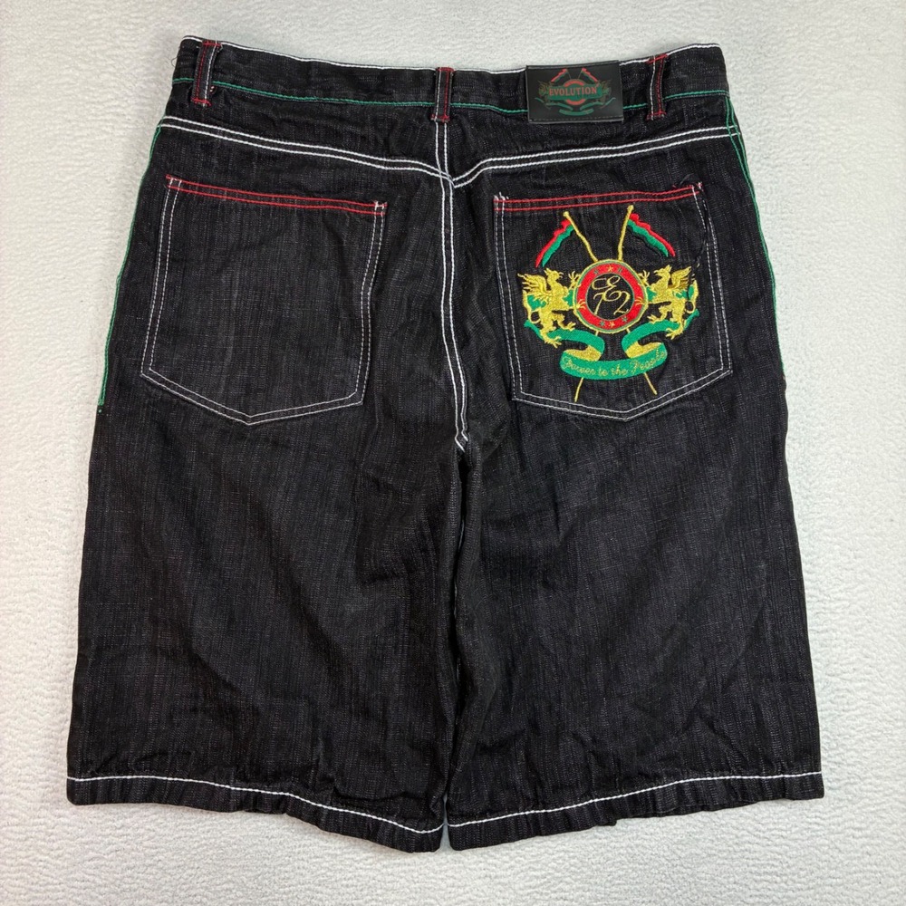 Y2K Evolution Design Baggy Jean Shorts Men 38x13 Black Jorts Embroidered Denim